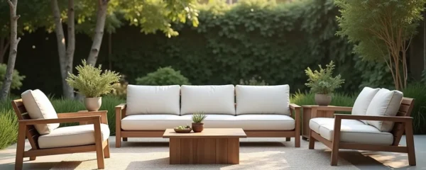 Salon de jardin premium avec canapé en aluminium et teck, arrangement élégant dans un cadre de jardin minimaliste
