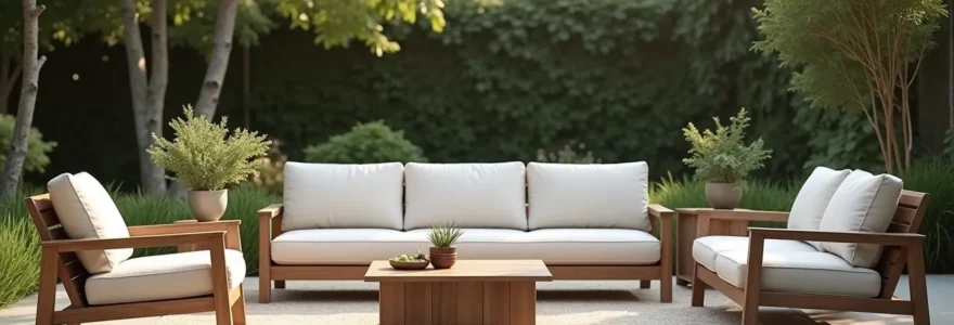 Salon de jardin premium avec canapé en aluminium et teck, arrangement élégant dans un cadre de jardin minimaliste