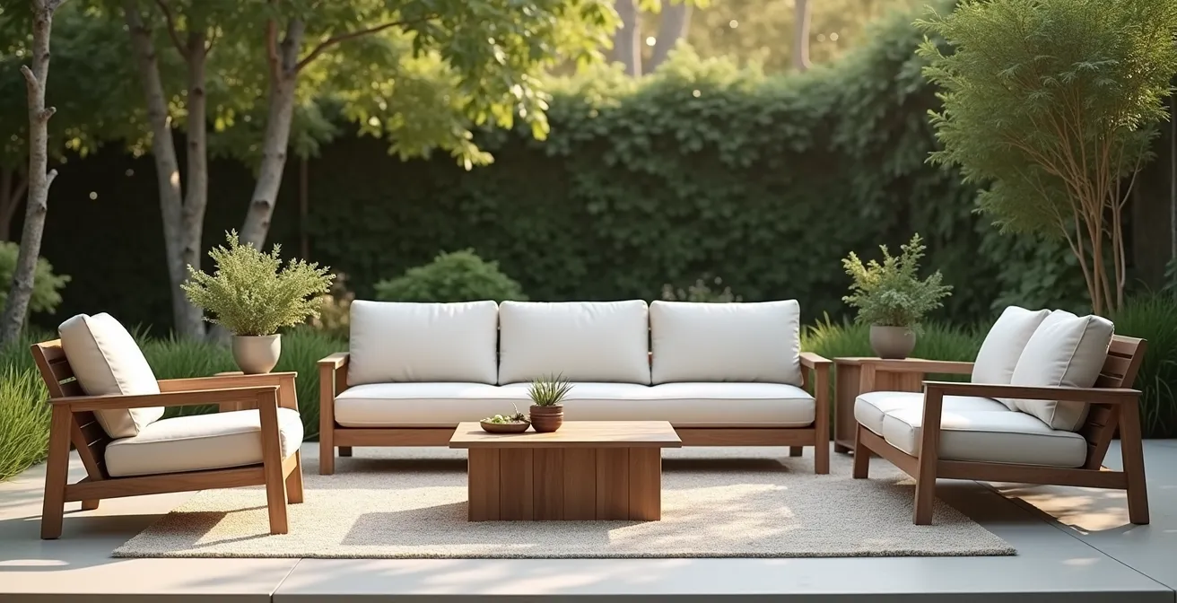 Salon de jardin premium avec canapé en aluminium et teck, arrangement élégant dans un cadre de jardin minimaliste