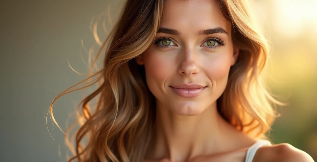 Portrait naturel d’une femme aux cheveux brillants adaptés aux saisons, lumière naturelle, fond doux