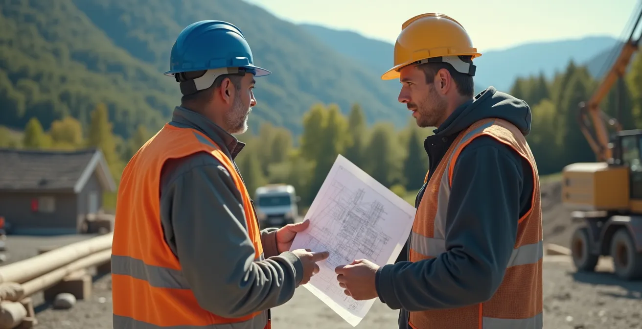Constructeur local et artisan travaillant ensemble sur un chantier en Isère