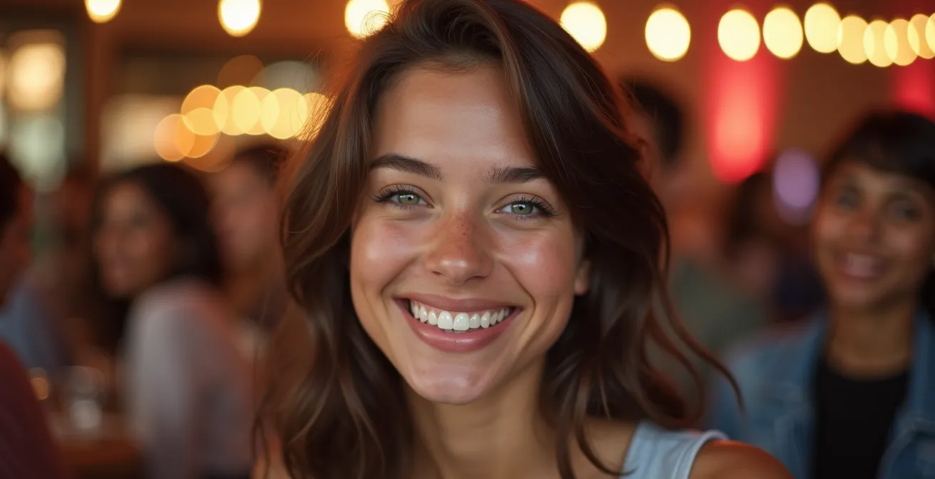 Portrait naturel d'une jeune adulte confiante souriant lors d'un événement social en portant des aligneurs Invisalign