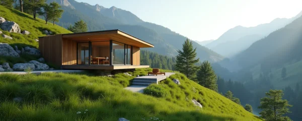 Vue architecturale moderne d'une maison sur-mesure en Isère, intégrant nature et montagne