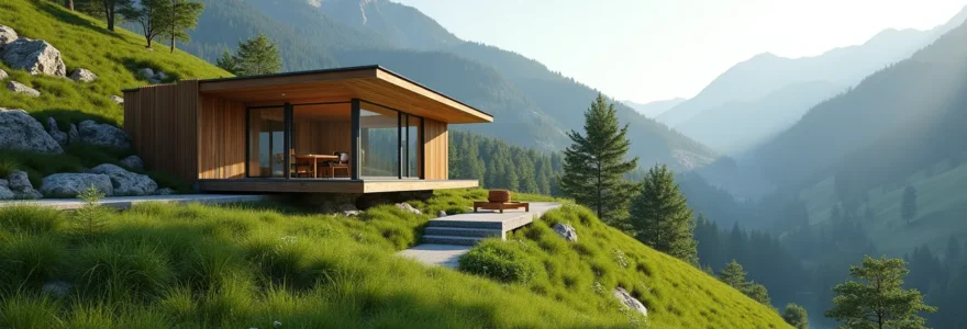 Vue architecturale moderne d'une maison sur-mesure en Isère, intégrant nature et montagne