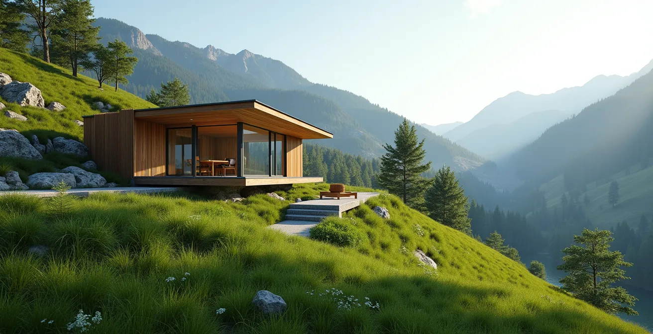 Vue architecturale moderne d'une maison sur-mesure en Isère, intégrant nature et montagne