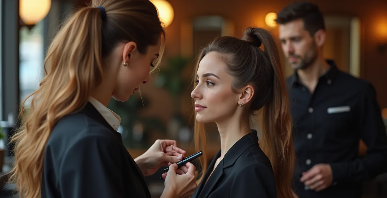 Consultation professionnelle entre un coiffeur expert et une cliente dans un salon luxueux avec outils d'analyse capillaire