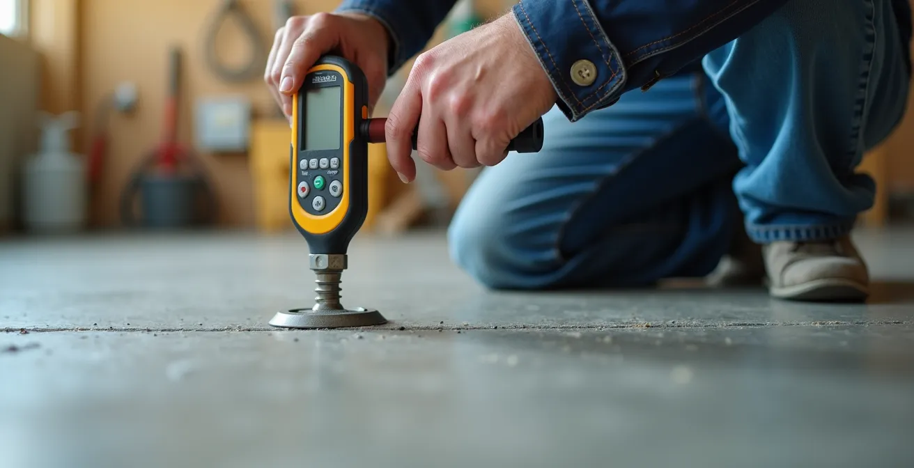 Vue conceptuelle d'un professionnel examinant un sol en béton avec un détecteur d'humidité et un marteau de rebond, évaluant la qualité du support