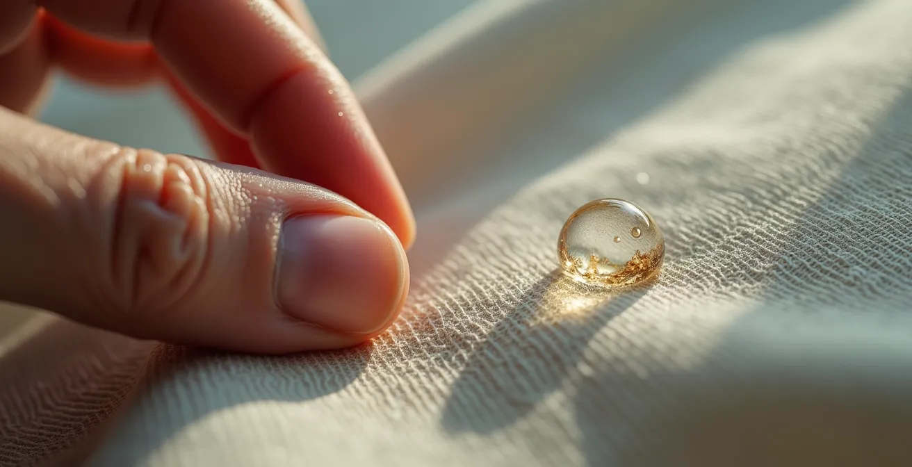 Main effectuant un test de perle d'eau sur une surface de toile de store dégradée