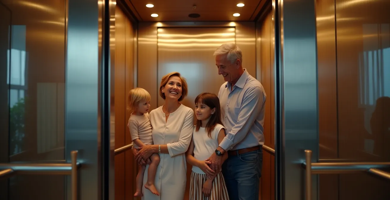 Famille multigénérationnelle utilisant confortablement un ascenseur privatif moderne