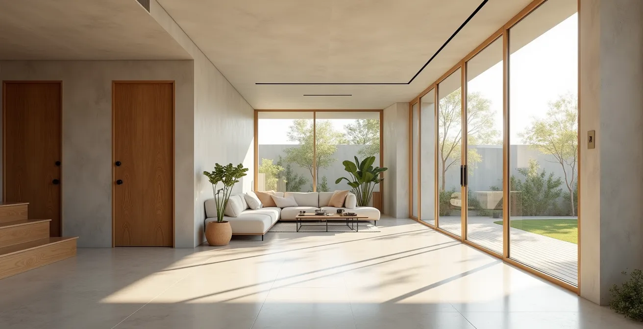 Famille multi-générationnelle dans une maison accessible et lumineuse, montrant l'intergénérationalité et l'accessibilité universelle