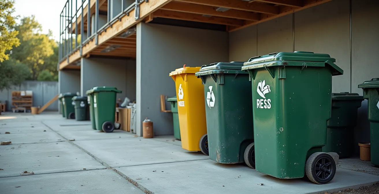 Benne à déchets de chantier soigneusement organisée sur un site de construction de garage