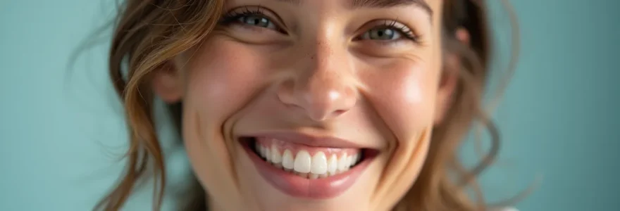 Un sourire naturel d'une personne portant des aligneurs Invisalign, avec un éclairage cinématographique doux, un fond propre et un espace négatif bien exploité