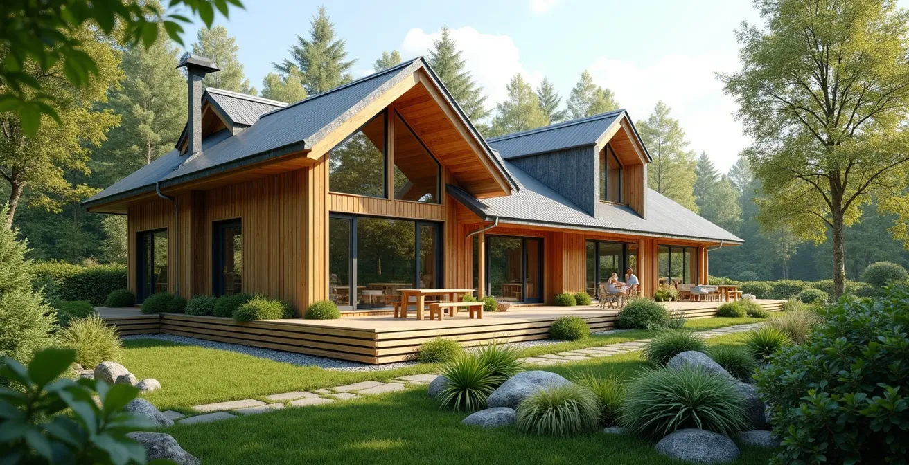Maison bioclimatique moderne à ossature bois en Isère dans un environnement naturel