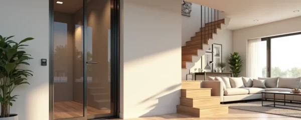 Vue d'ensemble d'une maison familiale multi-étages avec ascenseur privatif moderne intégré à l'architecture intérieure