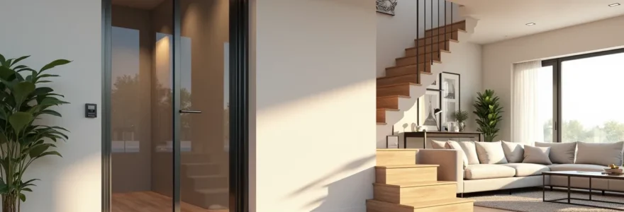 Vue d'ensemble d'une maison familiale multi-étages avec ascenseur privatif moderne intégré à l'architecture intérieure