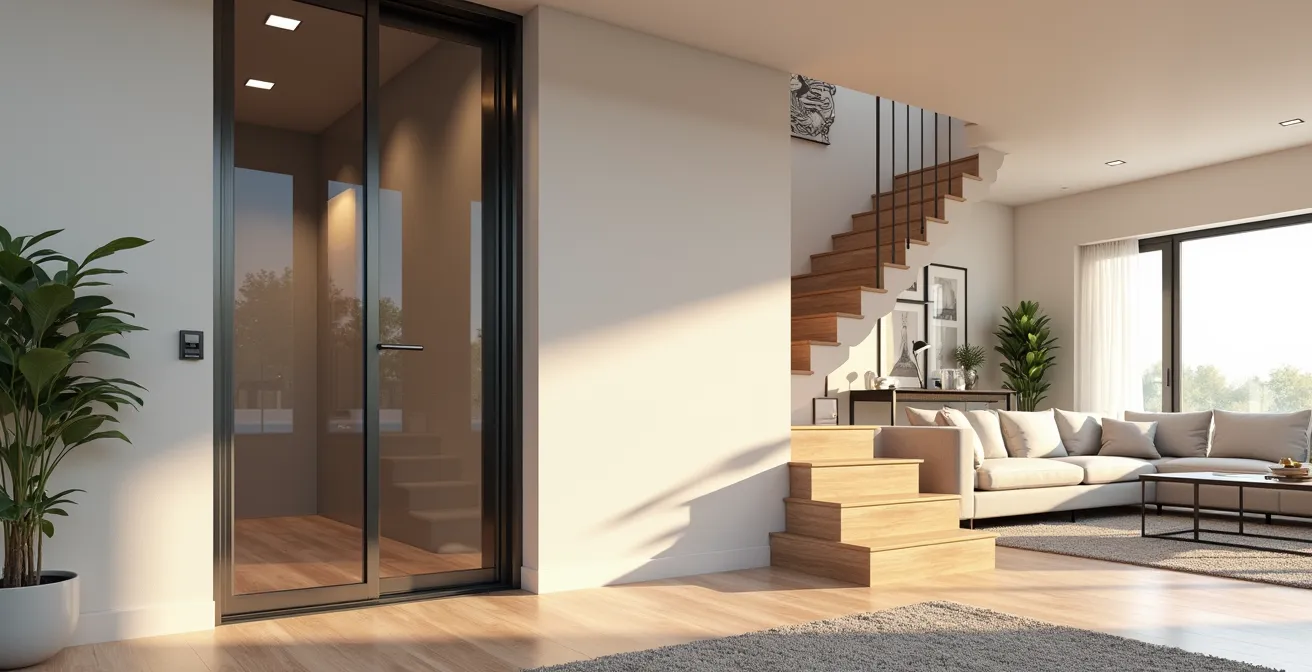 Vue d'ensemble d'une maison familiale multi-étages avec ascenseur privatif moderne intégré à l'architecture intérieure