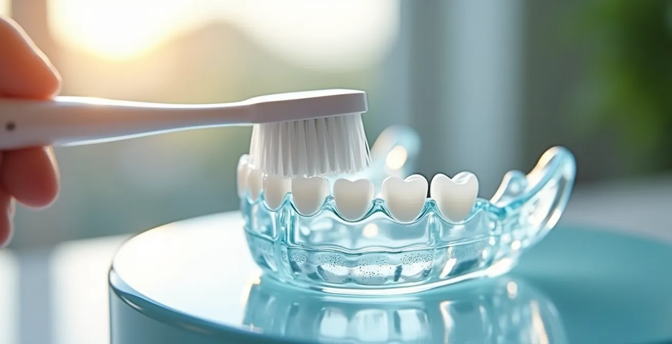Close-up d'une brosse à dents douce nettoyant un aligneur Invisalign transparent sous une lumière naturelle