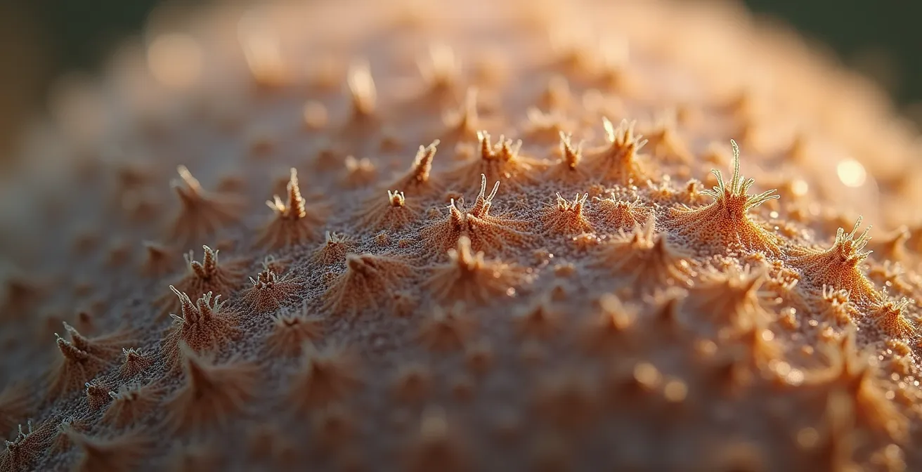 Image conceptuelle macro montrant une surface texturée représentant un microbiome capillaire en équilibre