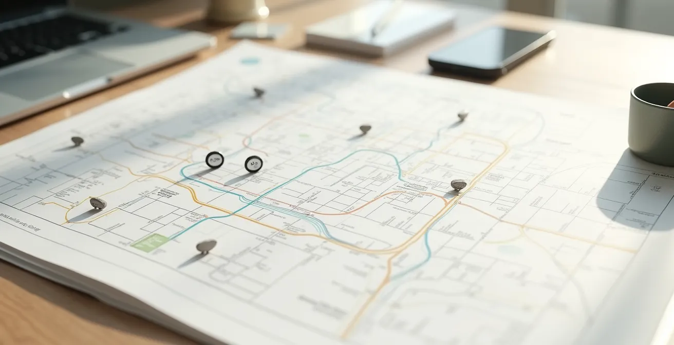 Vue aérienne stylisée d'une carte urbaine avec trajets multimodaux marqués : vélo cargo, transport en commun et voiture, avec pictogrammes abstraits de lieux clés