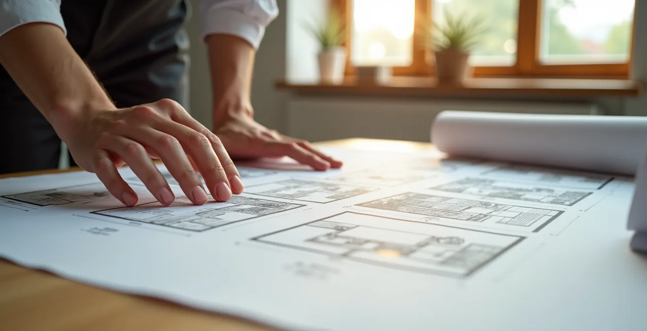 Plan de rénovation d'une maison avec schéma d'intégration d'ascenseur lors de travaux majeurs, mains examinant plans architecturaux
