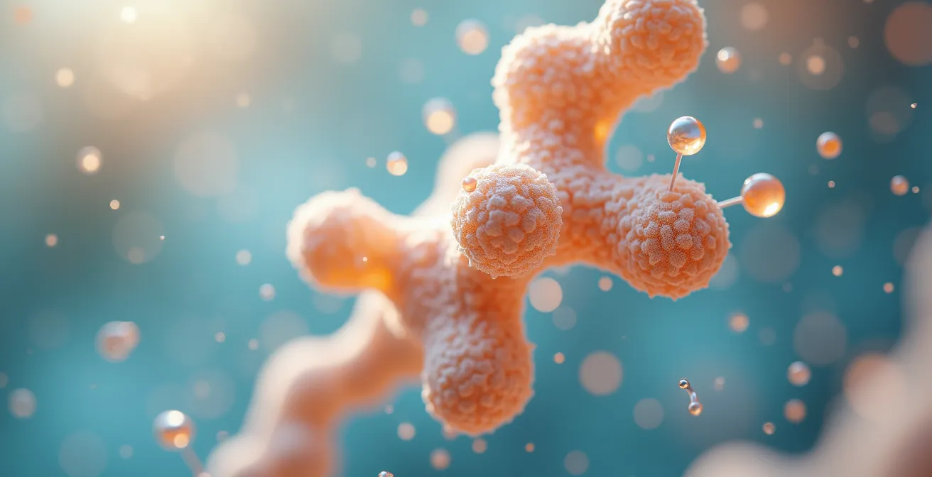 Vue macro réaliste d'une molécule de collagène hydrolysé avec peptides dynamiques sur fond flou