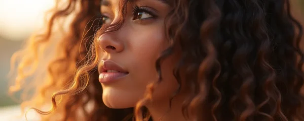 Photographie réaliste d'une femme aux cheveux naturels bien entretenus, éclairage cinématographique doux, textures fines et naturelles visibles, fond épuré avec espace négatif