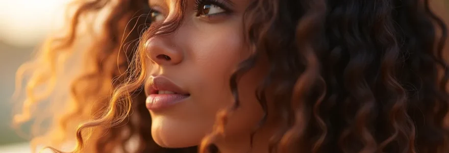 Photographie réaliste d'une femme aux cheveux naturels bien entretenus, éclairage cinématographique doux, textures fines et naturelles visibles, fond épuré avec espace négatif