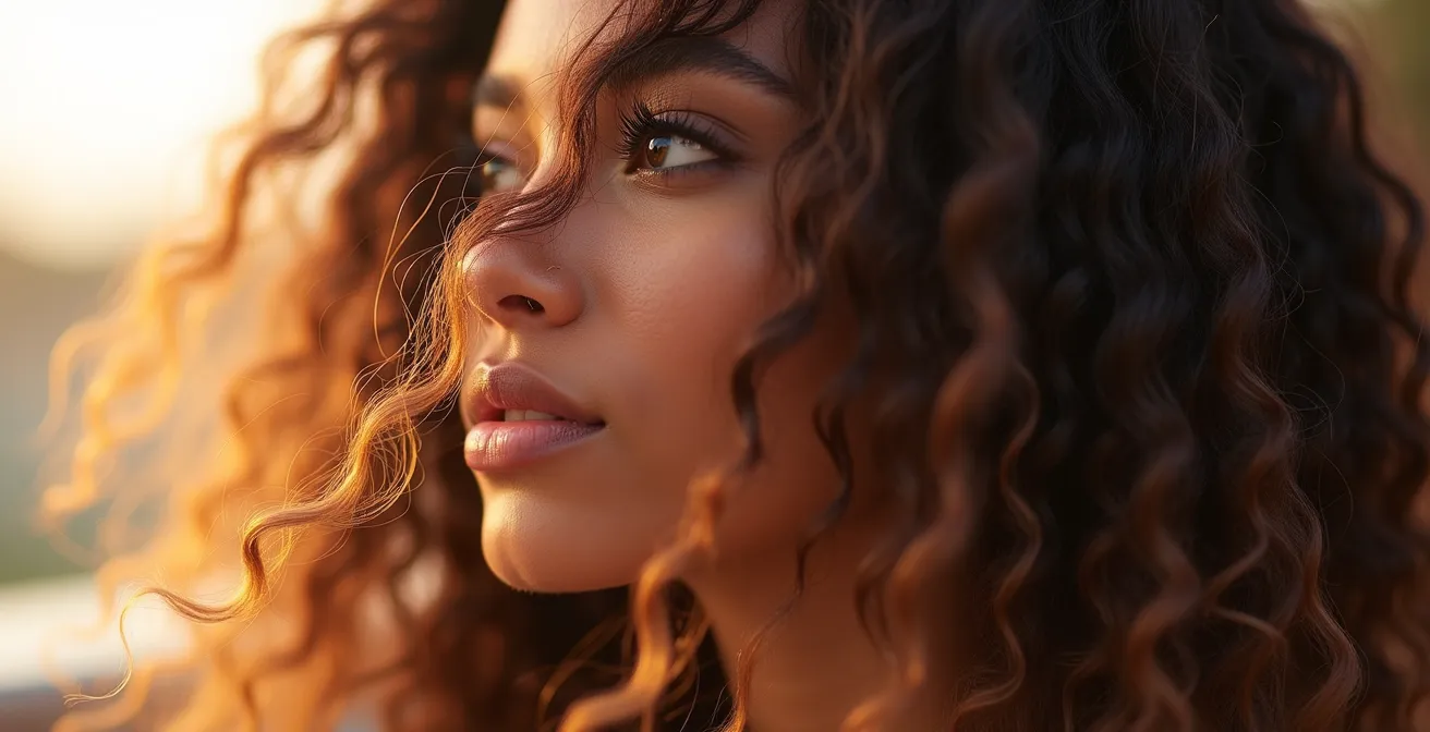 Photographie réaliste d'une femme aux cheveux naturels bien entretenus, éclairage cinématographique doux, textures fines et naturelles visibles, fond épuré avec espace négatif