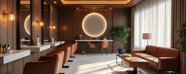 Salon de coiffure luxueux avec mobilier élégant et éclairage professionnel chaleureux
