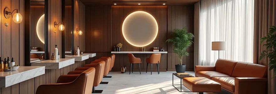 Salon de coiffure luxueux avec mobilier élégant et éclairage professionnel chaleureux
