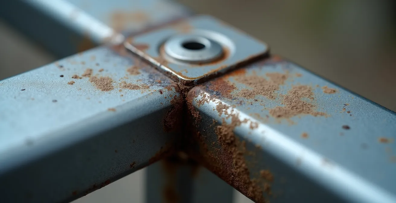 Gros plan des détails de soudures métalliques et finitions de haute qualité sur une structure de mobilier