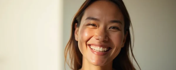 Un adulte rayonnant d'un sourire aligné et confiant dans un environnement professionnel naturel, avec une profondeur de champ subtile et un éclairage cinématographique