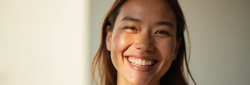 Un adulte rayonnant d'un sourire aligné et confiant dans un environnement professionnel naturel, avec une profondeur de champ subtile et un éclairage cinématographique