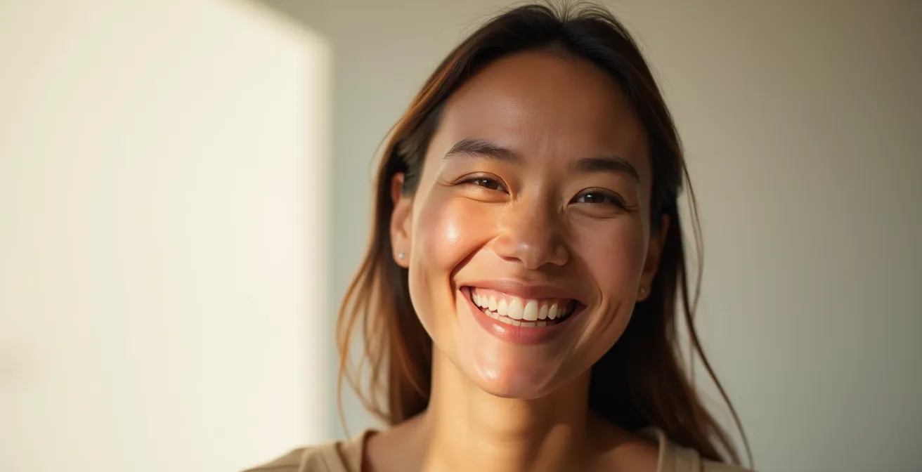 Un adulte rayonnant d'un sourire aligné et confiant dans un environnement professionnel naturel, avec une profondeur de champ subtile et un éclairage cinématographique