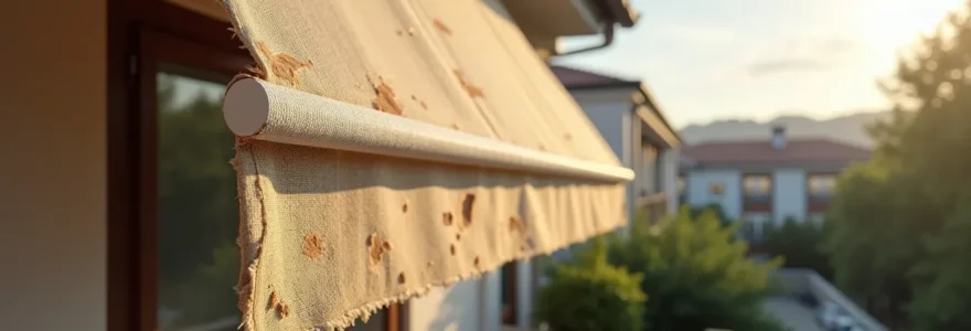 Gros plan sur une toile de store banne dégradée montrant décoloration, déchirures et moisissures
