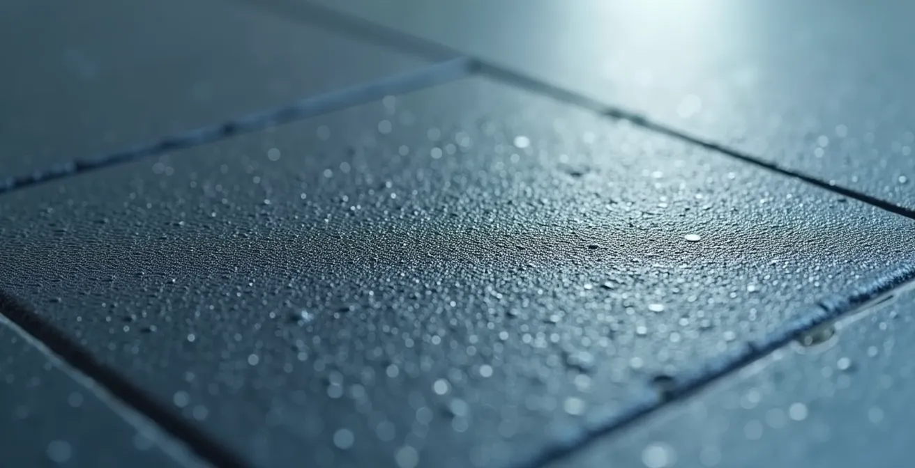 Gros plan sur une surface de sol en polymère avec une finition antidérapante texturée, assurant la sécurité sans compromettre l'aspect lisse