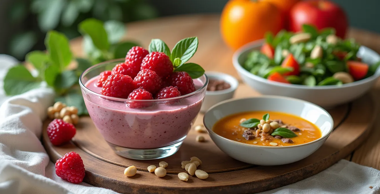 Composition vibrante et colorée d’une table avec smoothie aux fruits rouges, soupe de poisson, salade verte, et noix pour booster le collagène