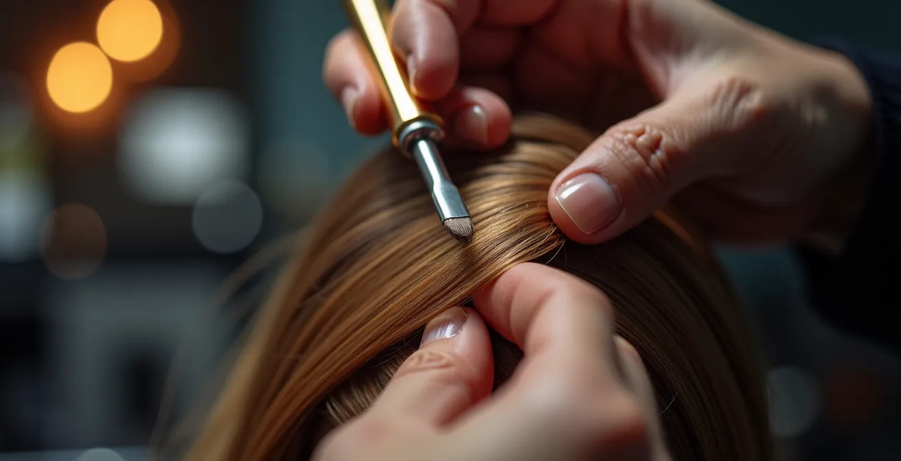 Mains expertes de coiffeur appliquant avec précision une technique avancée sur cheveux avec produits haut gamme