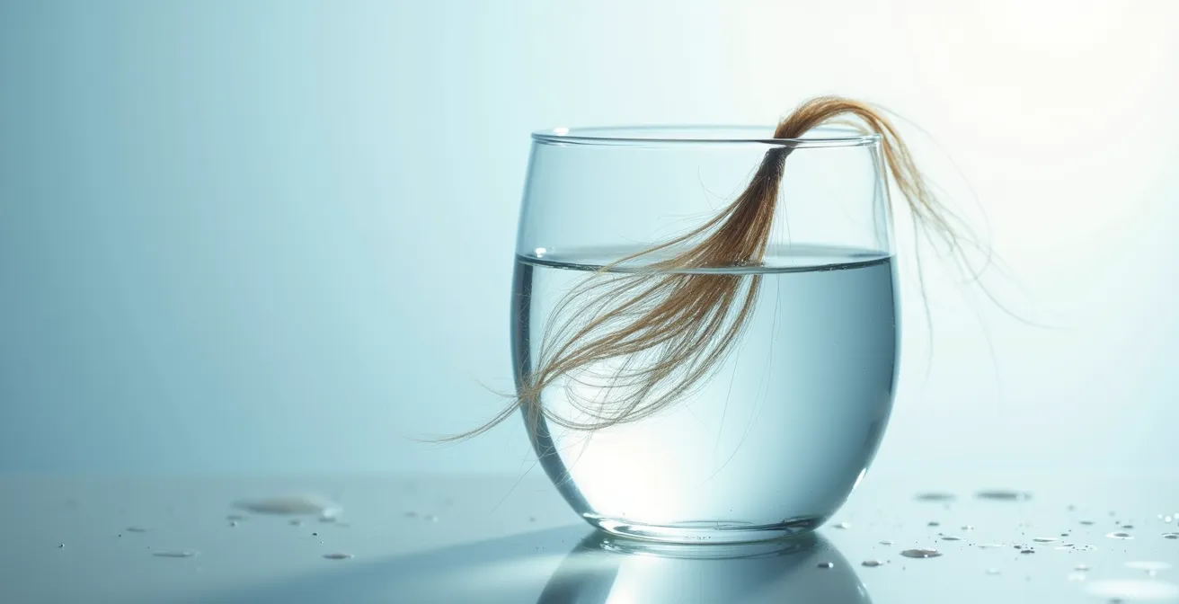 Gros plan photographique d’un cheveu plongé dans un verre d'eau claire avec bulle d'air visible