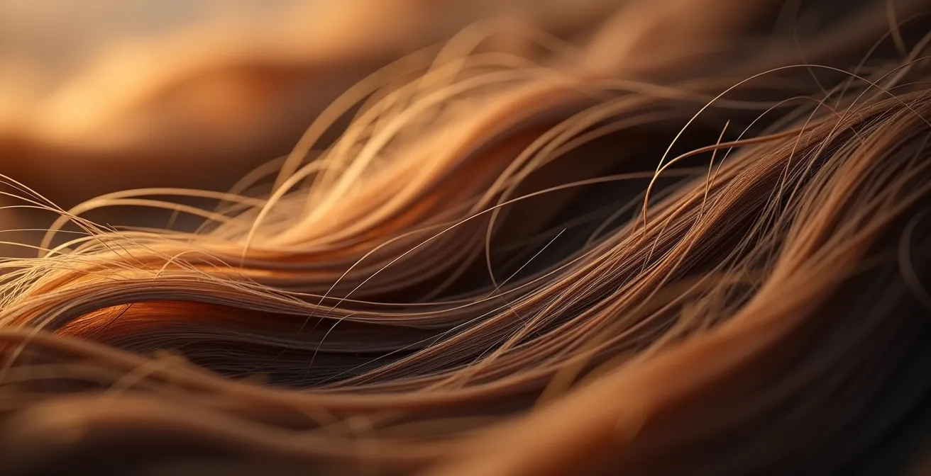 Gros plan photographique montrant la texture et les détails des cheveux naturels avec effets de lumière révélant hydratation