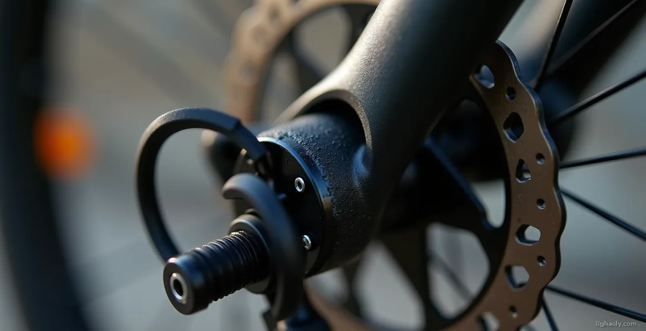Détail en macro de matériaux composant un vélo cargo : jonction cadre-chaîne, finition aluminium/acier, texture des pneus et frein