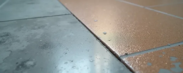 Vue rapprochée d'une surface de sol en béton brut à gauche, progressivement transformée en une surface lisse, brillante et colorée à droite, illustrant la transition entre l'état initial et final