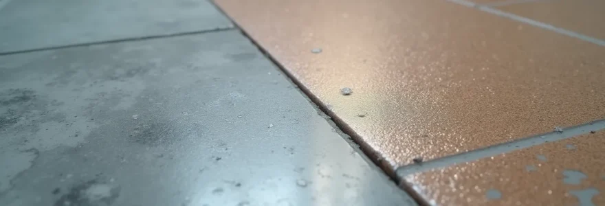 Vue rapprochée d'une surface de sol en béton brut à gauche, progressivement transformée en une surface lisse, brillante et colorée à droite, illustrant la transition entre l'état initial et final