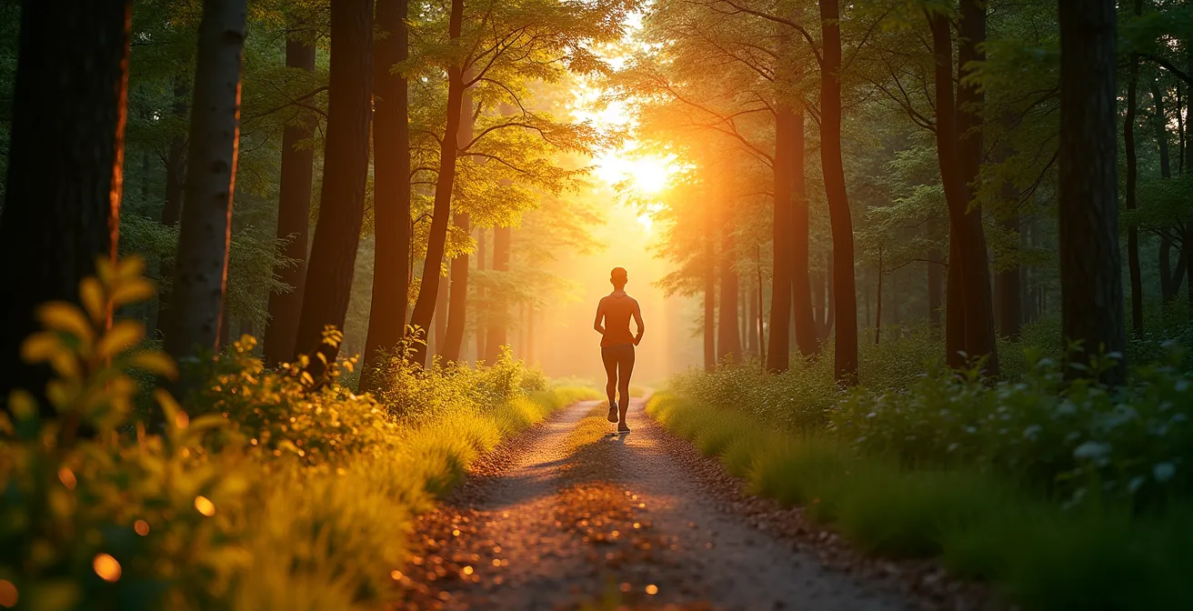 Chemin symbolique dans la nature évoquant un nouveau départ vers un mode de vie sain et durable