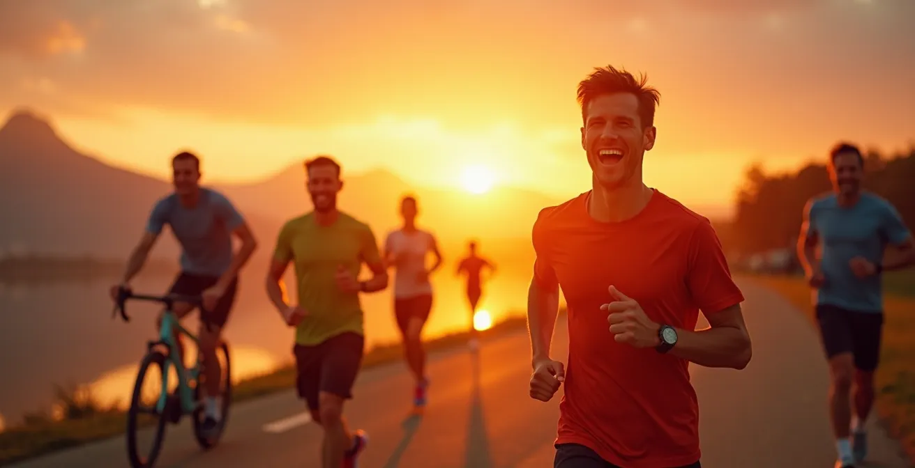 Groupe de personnes pratiquant divers sports en pleine nature, avec des expressions de joie et concentration, incarnant une expérience sportive transformative et mémorable