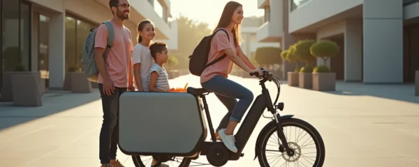 Une famille moderne avec enfants devant un vélo cargo électrique chargé, dans un environnement urbain contemporain, sous un ciel clair