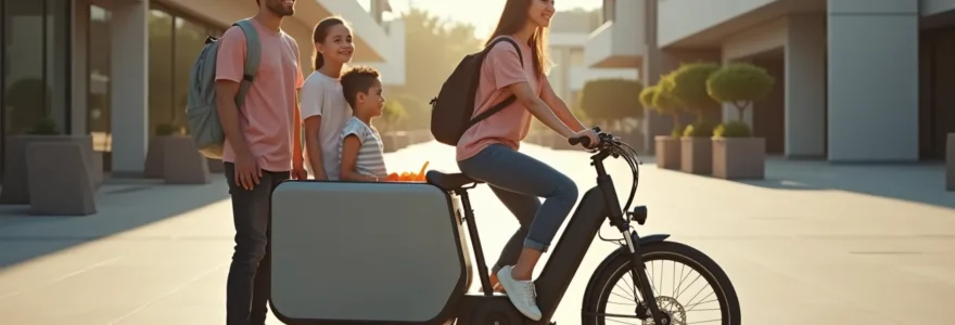 Une famille moderne avec enfants devant un vélo cargo électrique chargé, dans un environnement urbain contemporain, sous un ciel clair