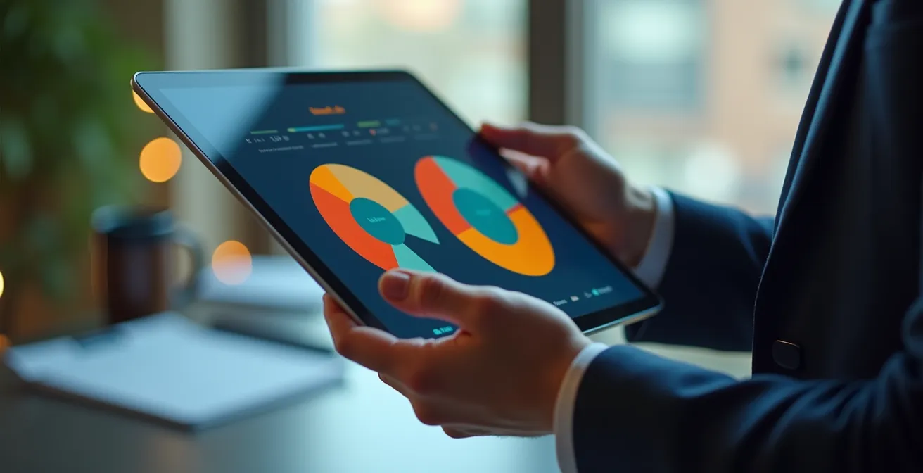 Gros plan sur des mains analysant un graphique coloré en camembert sur une tablette, représentant la répartition des coûts d'un projet