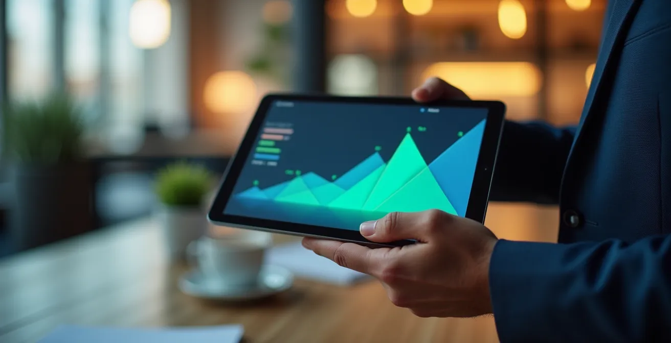Professionnel analysant des données financières sur tablette avec graphiques de performance énergétique