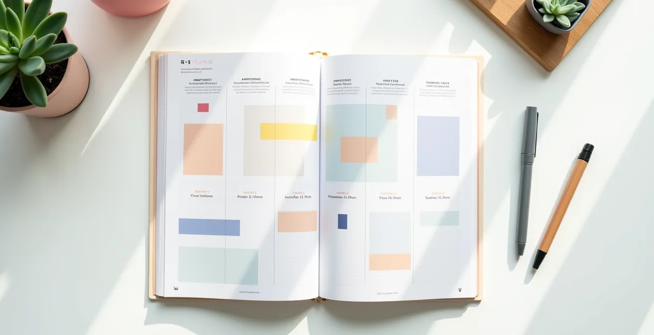 Vue de dessus d'un bureau avec agenda ouvert montrant des mois colorés et une plante verte